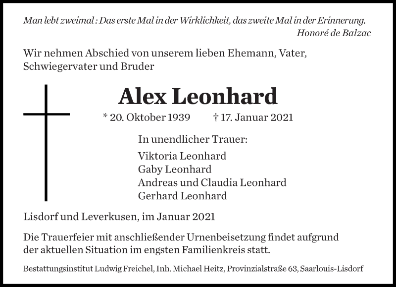  Traueranzeige für Alex Leonhard vom 23.01.2021 aus saarbruecker_zeitung
