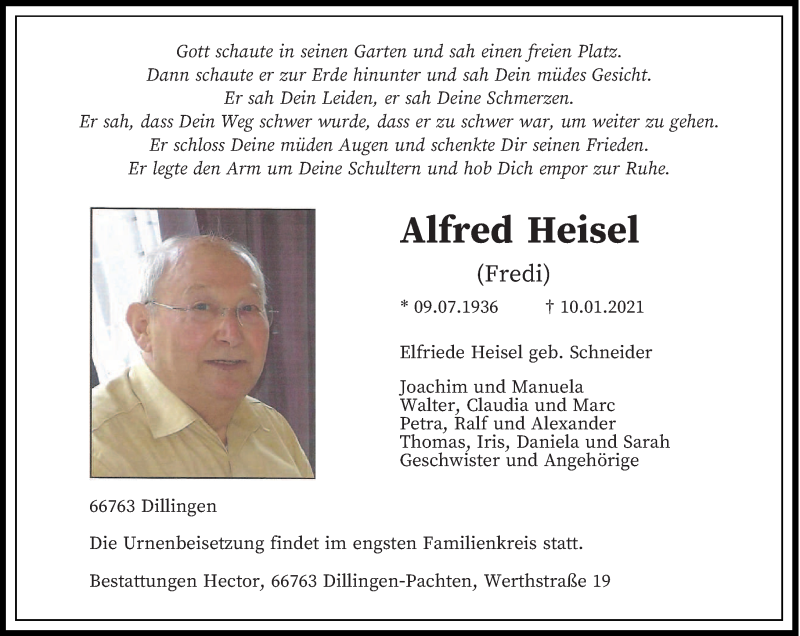  Traueranzeige für Alfred Heisel vom 16.01.2021 aus saarbruecker_zeitung