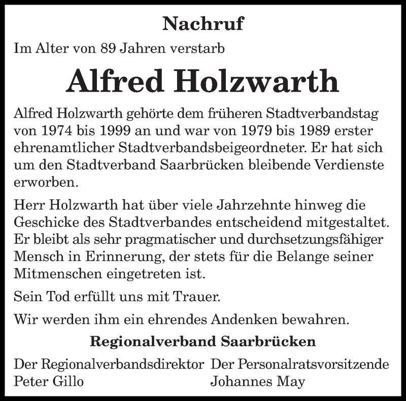 Traueranzeige für Alfred Holzwarth vom 16.01.2021 aus saarbruecker_zeitung