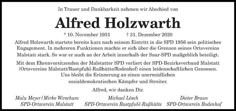  Traueranzeige für Alfred Holzwarth vom 16.01.2021 aus saarbruecker_zeitung