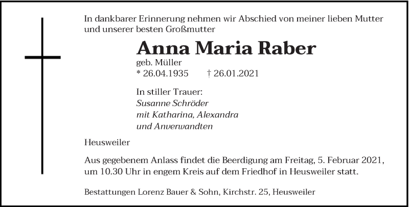  Traueranzeige für Anna Maria Raber vom 30.01.2021 aus saarbruecker_zeitung