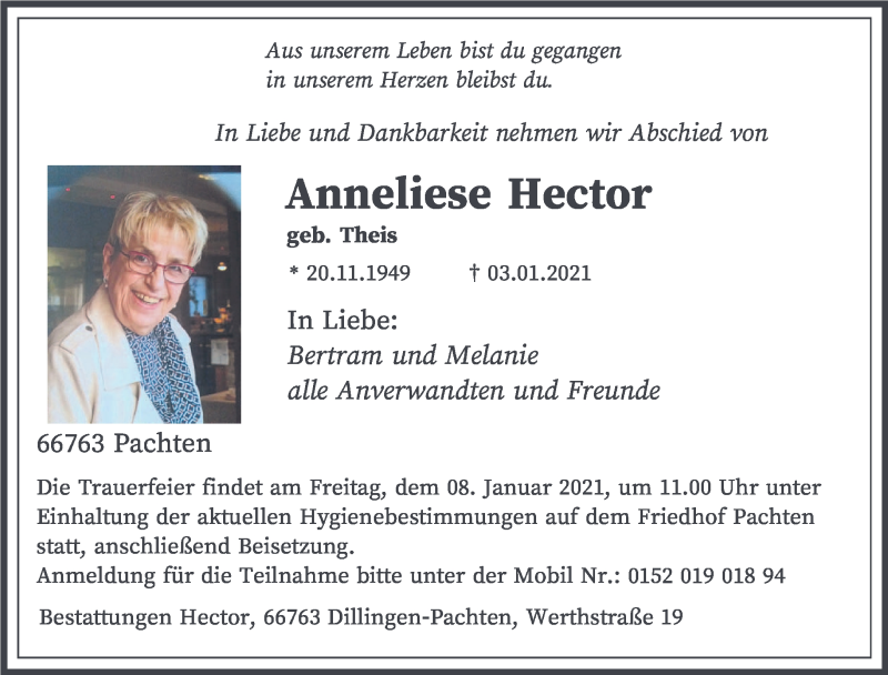 Traueranzeige für Anneliese Hector vom 06.01.2021 aus saarbruecker_zeitung