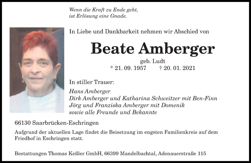  Traueranzeige für Beate Amberger vom 23.01.2021 aus saarbruecker_zeitung