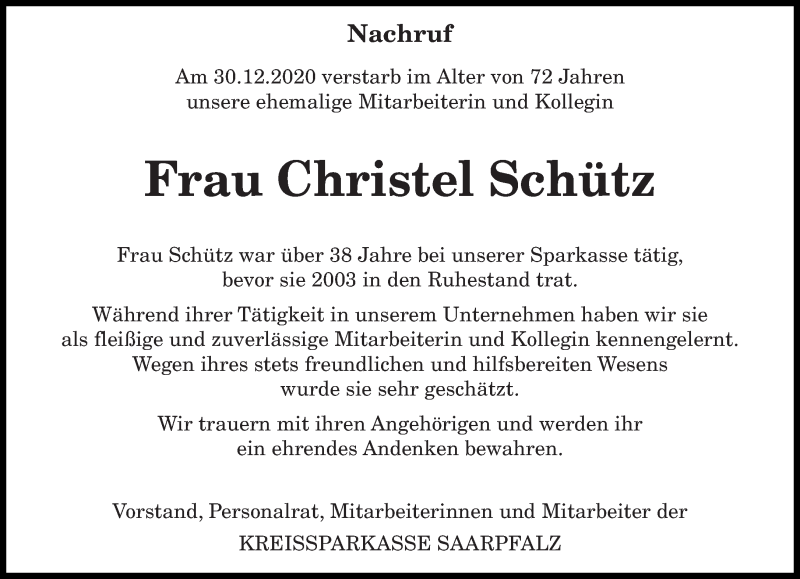  Traueranzeige für Christel Schütz vom 04.01.2021 aus saarbruecker_zeitung