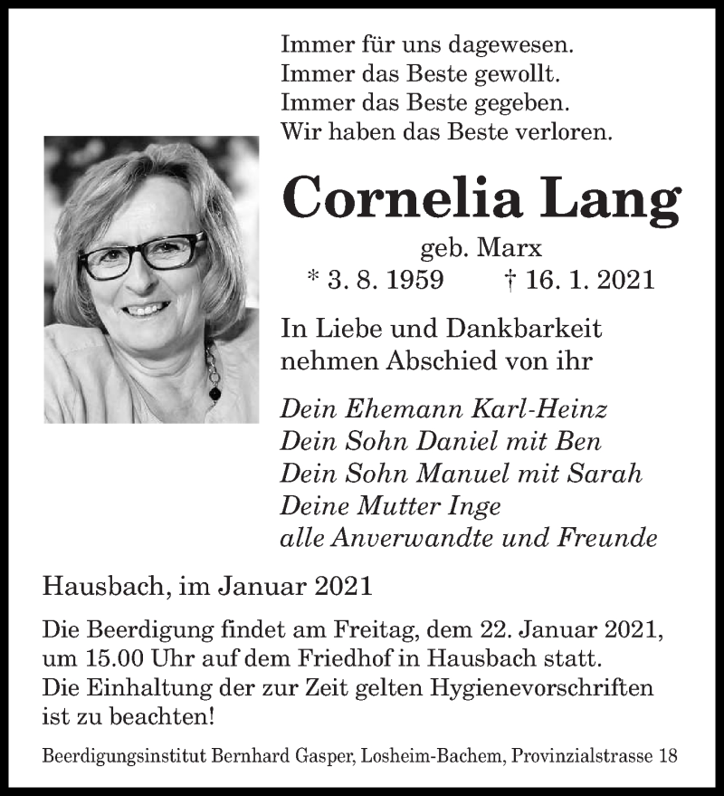  Traueranzeige für Cornelia Lang vom 19.01.2021 aus saarbruecker_zeitung