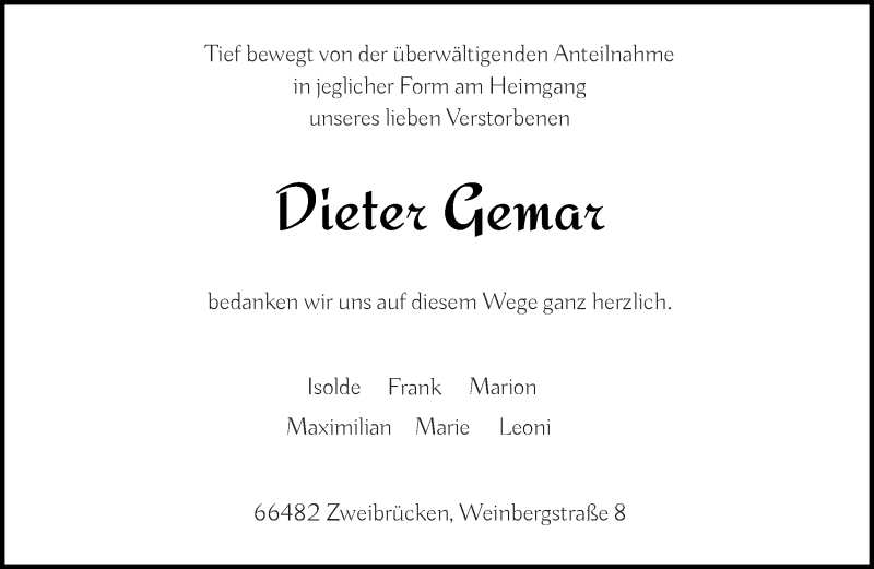  Traueranzeige für Dieter Gemar vom 30.01.2021 aus saarbruecker_zeitung