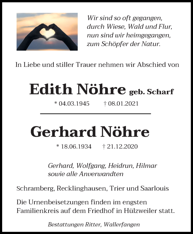  Traueranzeige für Edith und Gerhard Nöhre vom 16.01.2021 aus saarbruecker_zeitung
