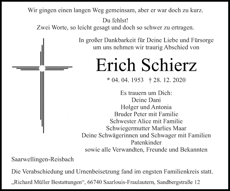  Traueranzeige für Erich Schierz vom 16.01.2021 aus saarbruecker_zeitung
