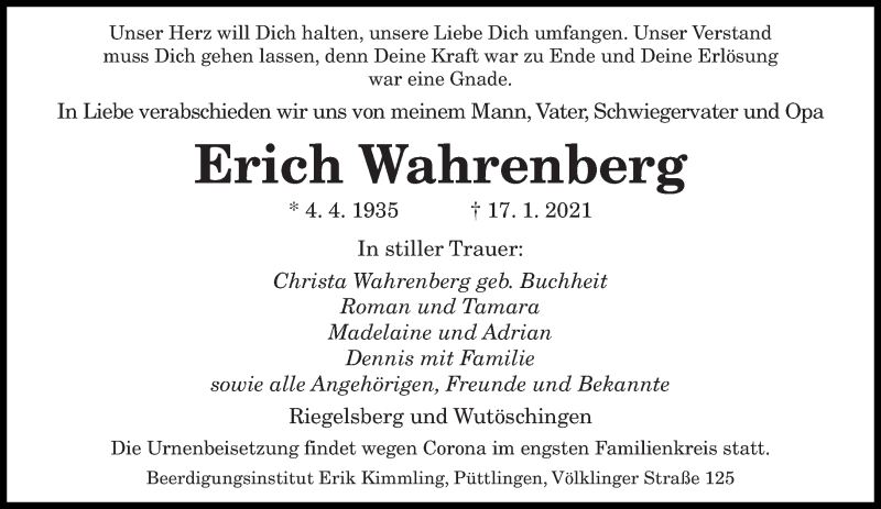  Traueranzeige für Erich Wahrenberg vom 23.01.2021 aus saarbruecker_zeitung