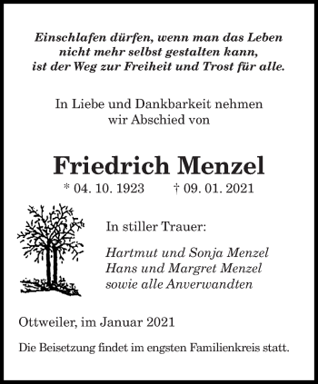 Traueranzeige von Friedrich Menzel von saarbruecker_zeitung