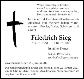 Traueranzeige von Friedrich Sieg von saarbruecker_zeitung