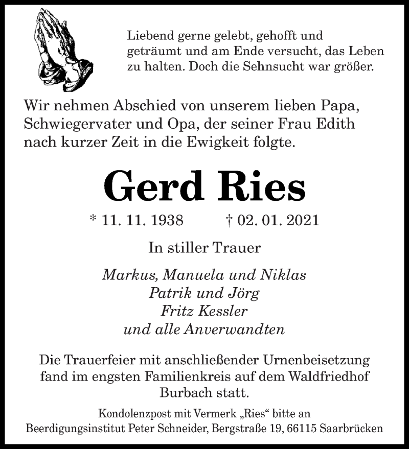  Traueranzeige für Gerd Ries vom 16.01.2021 aus saarbruecker_zeitung