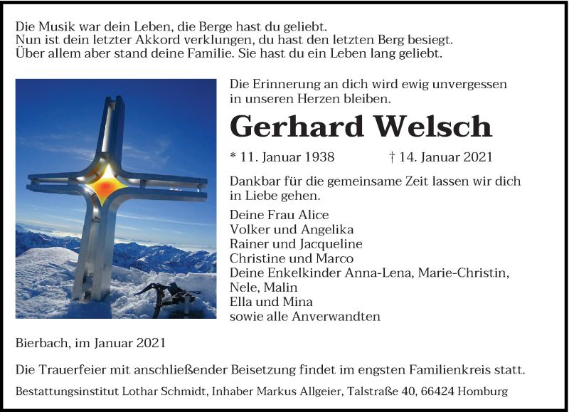  Traueranzeige für Gerhard Welsch vom 20.01.2021 aus saarbruecker_zeitung
