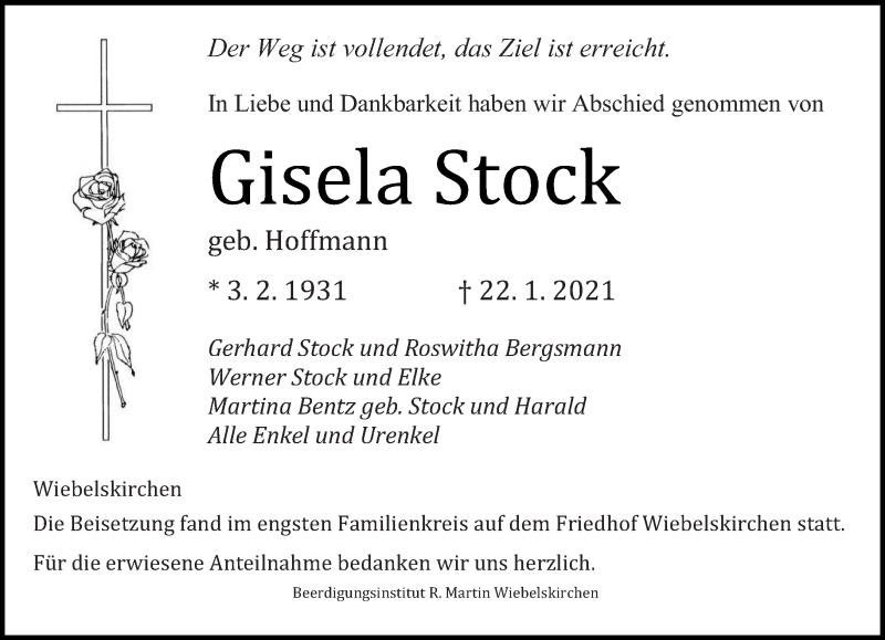  Traueranzeige für Gisela Stock vom 27.01.2021 aus saarbruecker_zeitung