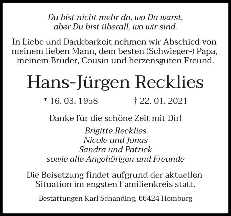  Traueranzeige für Hans-Jürgen Recklies vom 27.01.2021 aus saarbruecker_zeitung