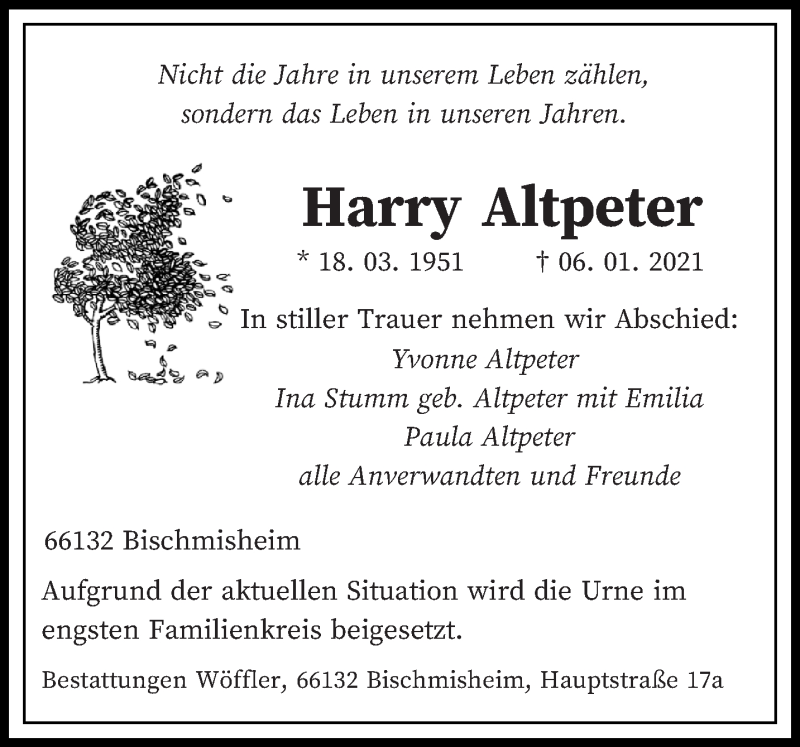  Traueranzeige für Harry Altpeter vom 16.01.2021 aus saarbruecker_zeitung