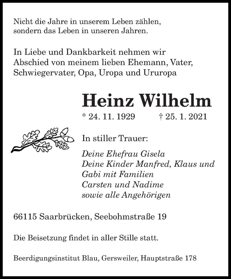  Traueranzeige für Heinz Wilhelm vom 30.01.2021 aus saarbruecker_zeitung