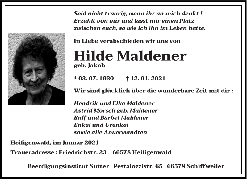  Traueranzeige für Hilde Maldener vom 16.01.2021 aus saarbruecker_zeitung