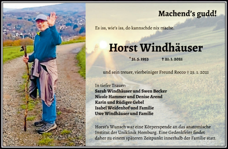  Traueranzeige für Horst Windhäuser vom 28.01.2021 aus saarbruecker_zeitung