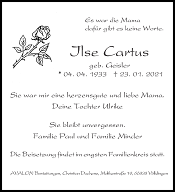 Traueranzeige von Ilse Cartus von saarbruecker_zeitung