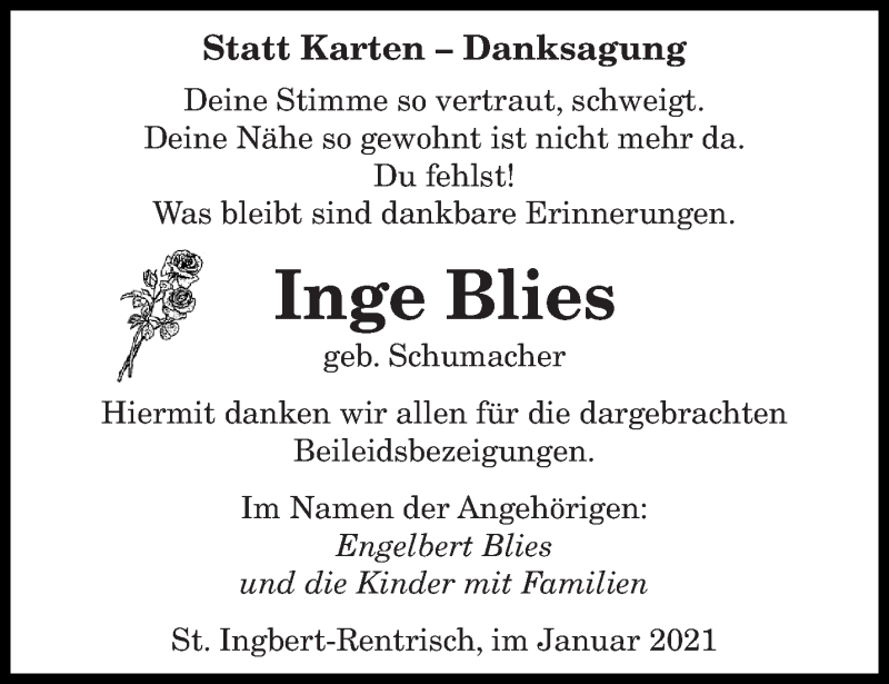  Traueranzeige für Inge Blies vom 12.01.2021 aus saarbruecker_zeitung