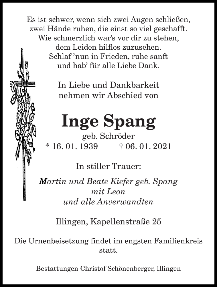  Traueranzeige für Inge Spang vom 20.01.2021 aus saarbruecker_zeitung