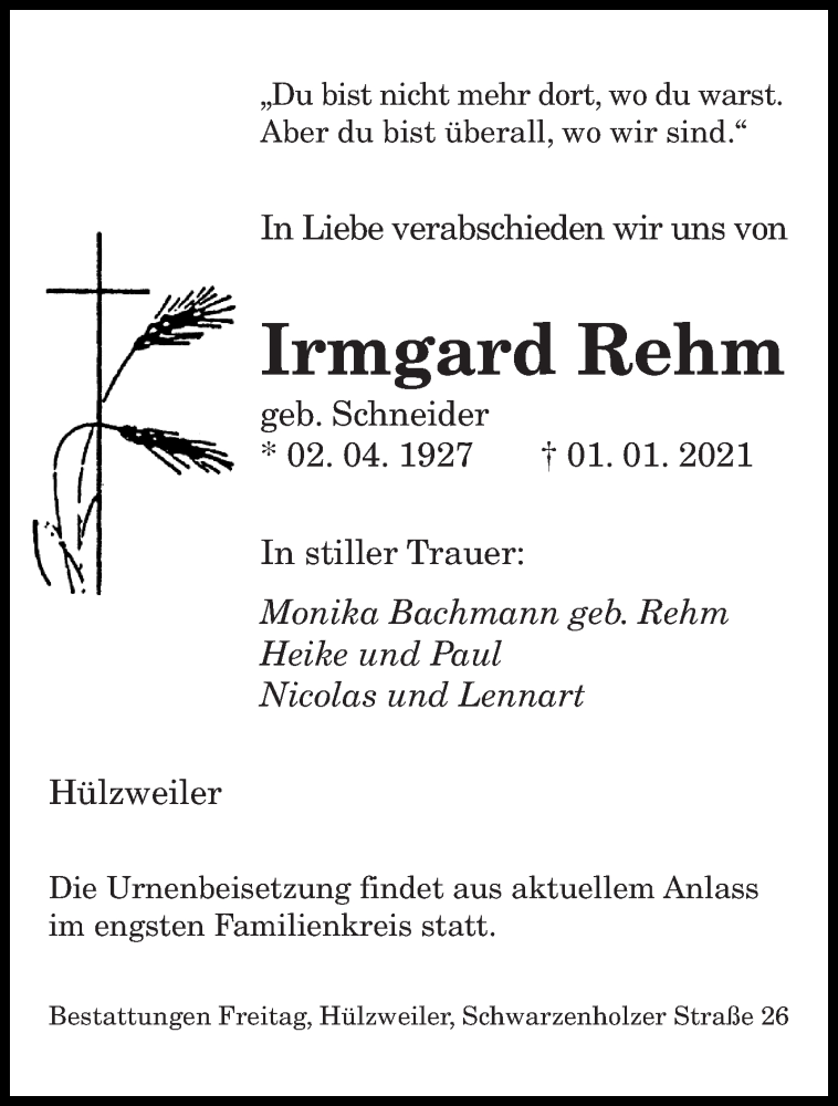  Traueranzeige für Irmgard Rehm vom 09.01.2021 aus saarbruecker_zeitung