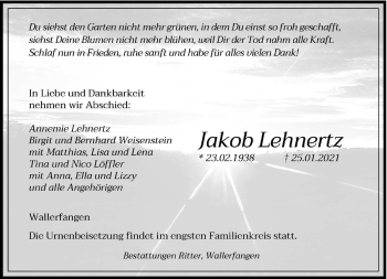 Traueranzeige von Jakob Lehnertz von saarbruecker_zeitung