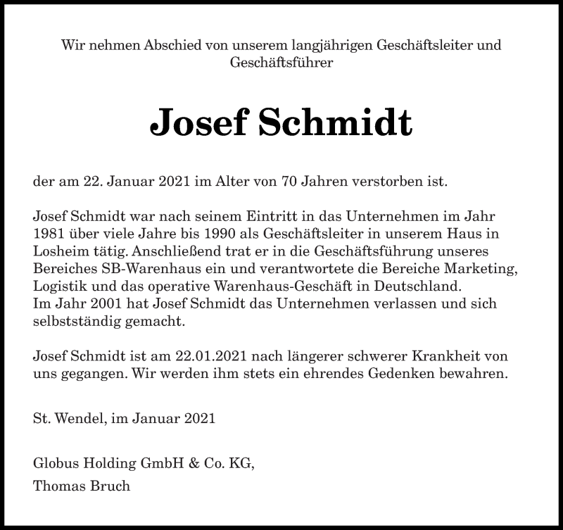  Traueranzeige für Josef Schmidt vom 28.01.2021 aus saarbruecker_zeitung