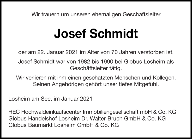  Traueranzeige für Josef Schmidt vom 30.01.2021 aus saarbruecker_zeitung