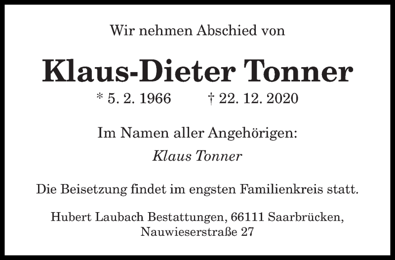  Traueranzeige für Klaus-Dieter Tonner vom 16.01.2021 aus saarbruecker_zeitung