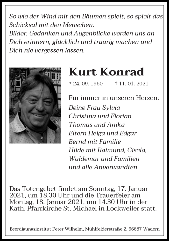 Traueranzeige für Kurt Konrad vom 16.01.2021 aus saarbruecker_zeitung