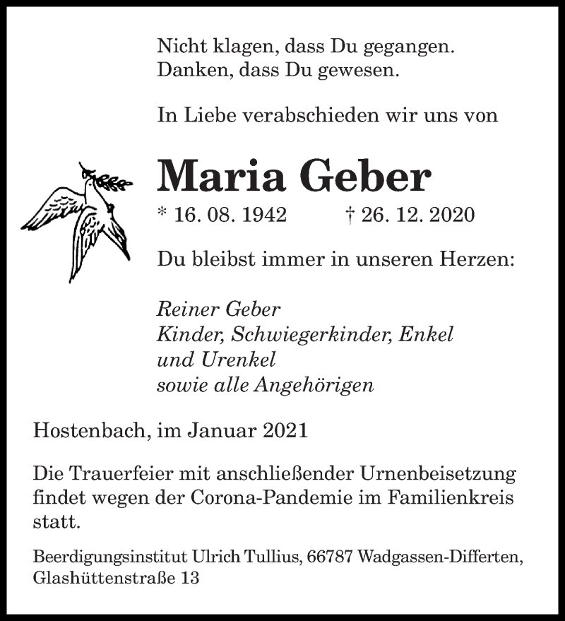  Traueranzeige für Maria Geber vom 02.01.2021 aus saarbruecker_zeitung