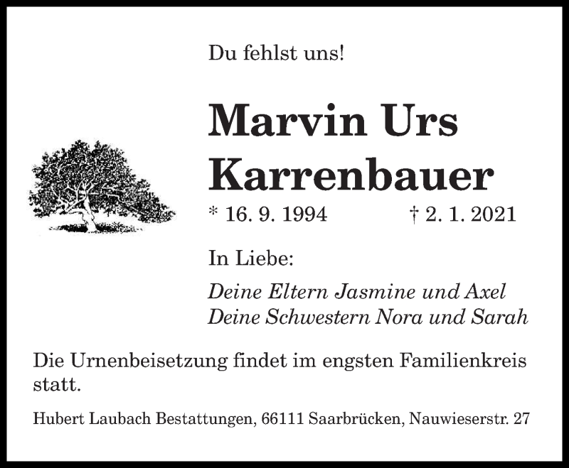  Traueranzeige für Marvin Urs  Karrenbauer vom 09.01.2021 aus saarbruecker_zeitung