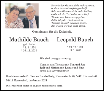 Traueranzeige von Mathilde und Leopold Bauch von saarbruecker_zeitung