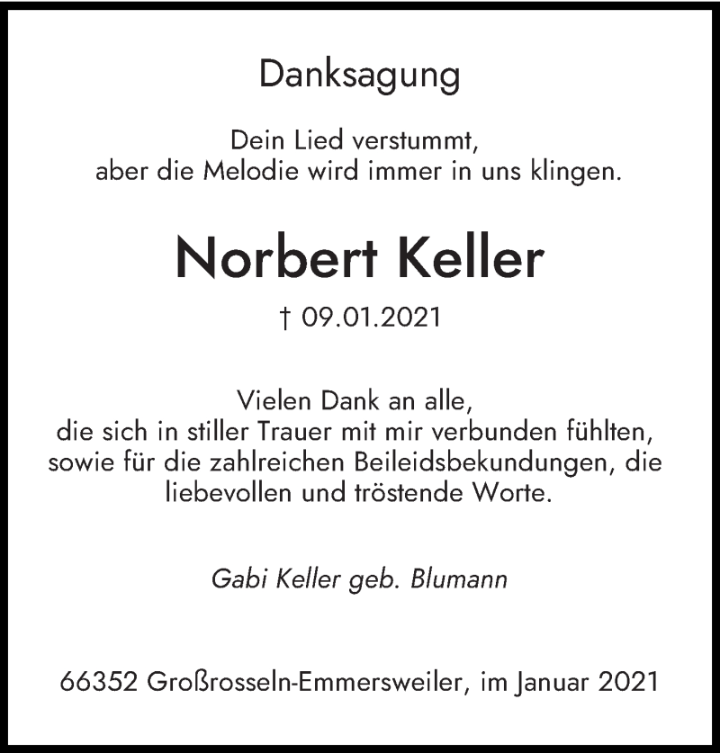  Traueranzeige für Norbert Keller vom 30.01.2021 aus saarbruecker_zeitung