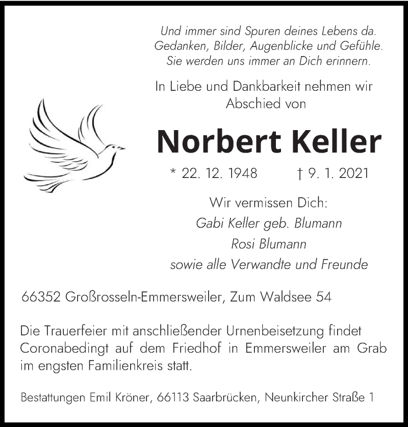  Traueranzeige für Norbert Keller vom 16.01.2021 aus saarbruecker_zeitung