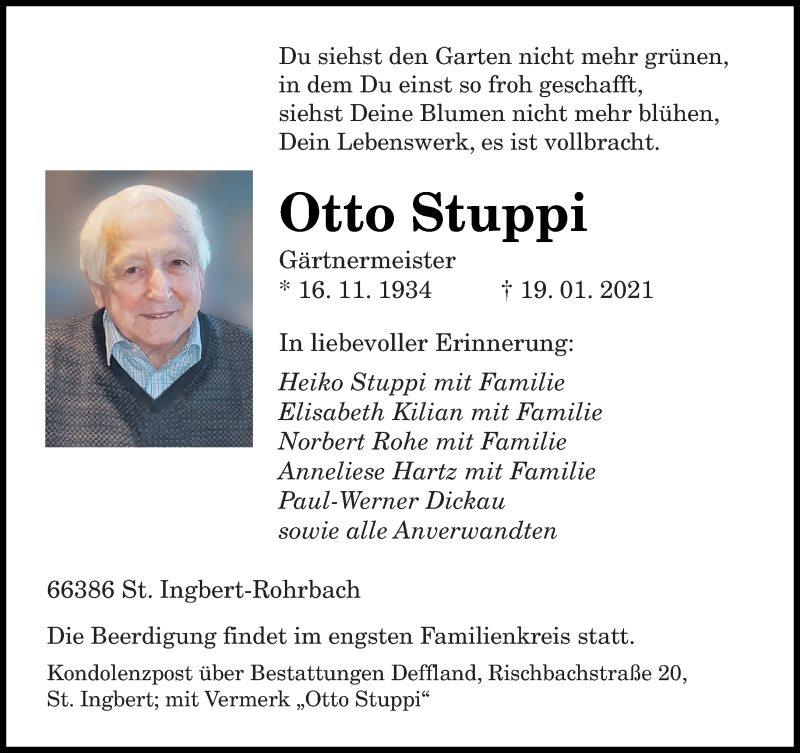  Traueranzeige für Otto Stuppi vom 23.01.2021 aus saarbruecker_zeitung