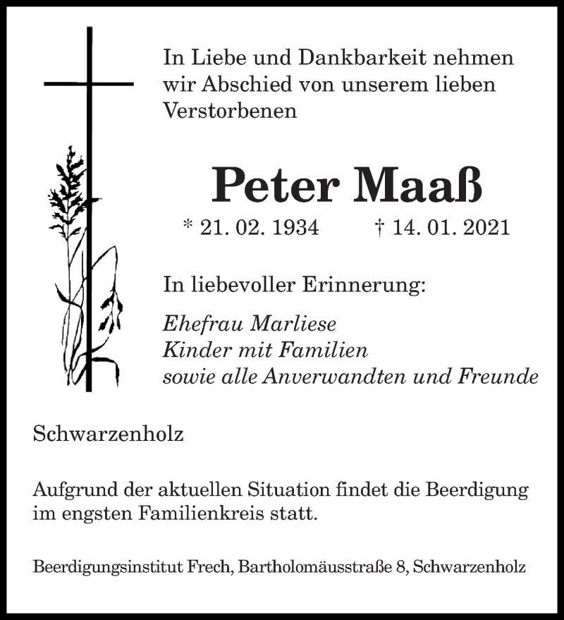  Traueranzeige für Peter Maaß vom 16.01.2021 aus saarbruecker_zeitung