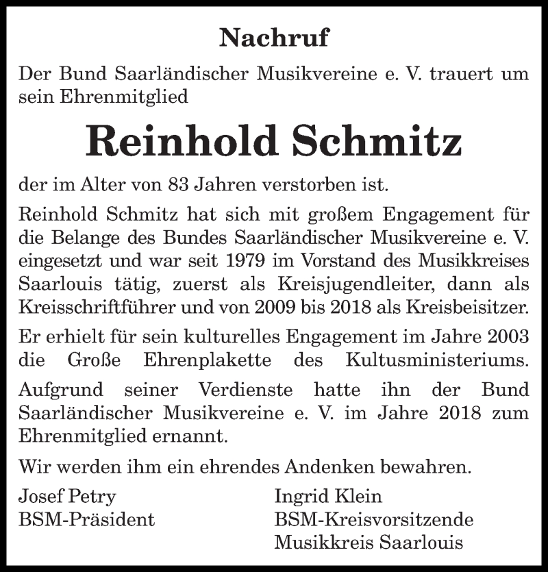  Traueranzeige für Reinhold Schmitz vom 16.01.2021 aus saarbruecker_zeitung