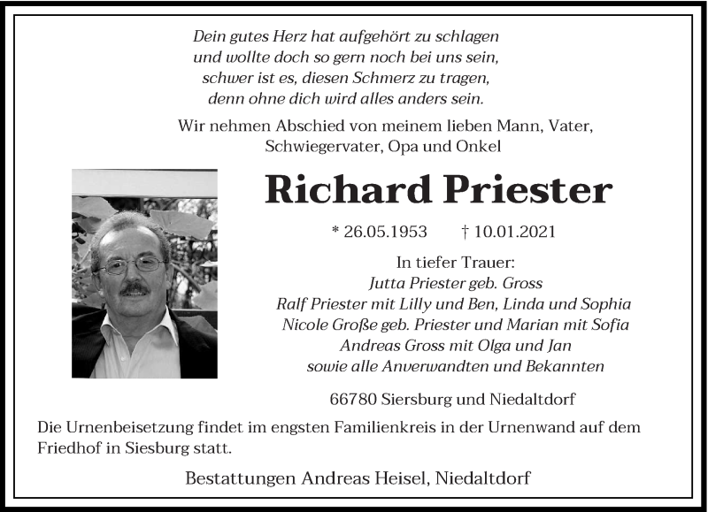  Traueranzeige für Richard Priester vom 16.01.2021 aus saarbruecker_zeitung