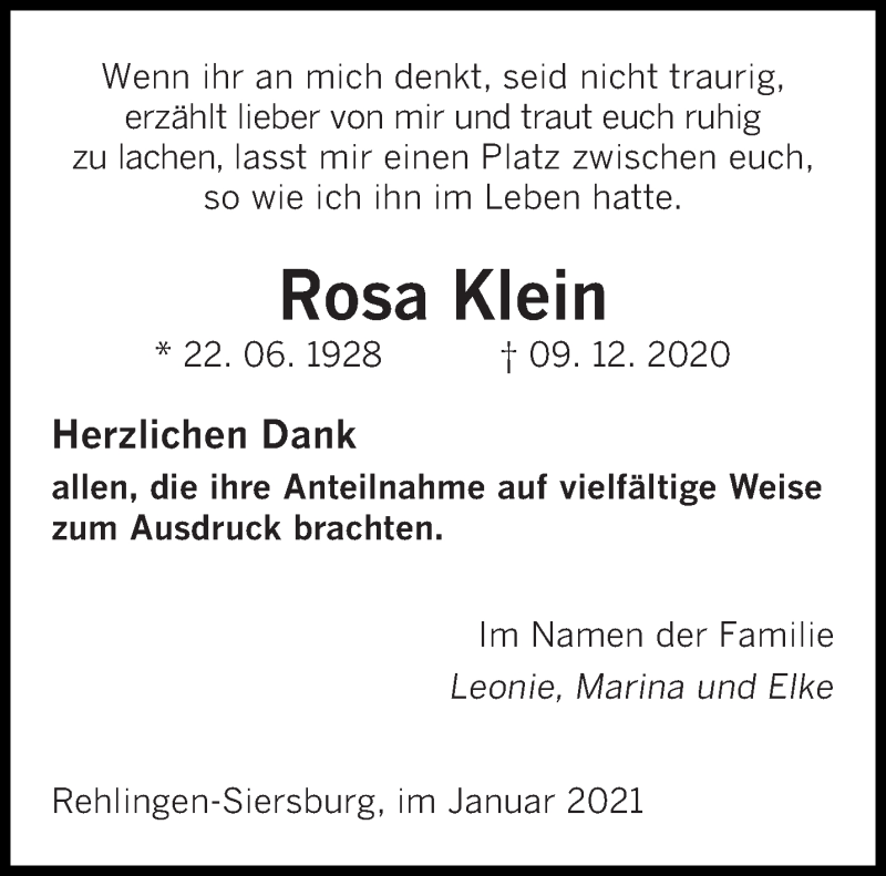  Traueranzeige für Rosa Klein vom 30.01.2021 aus saarbruecker_zeitung
