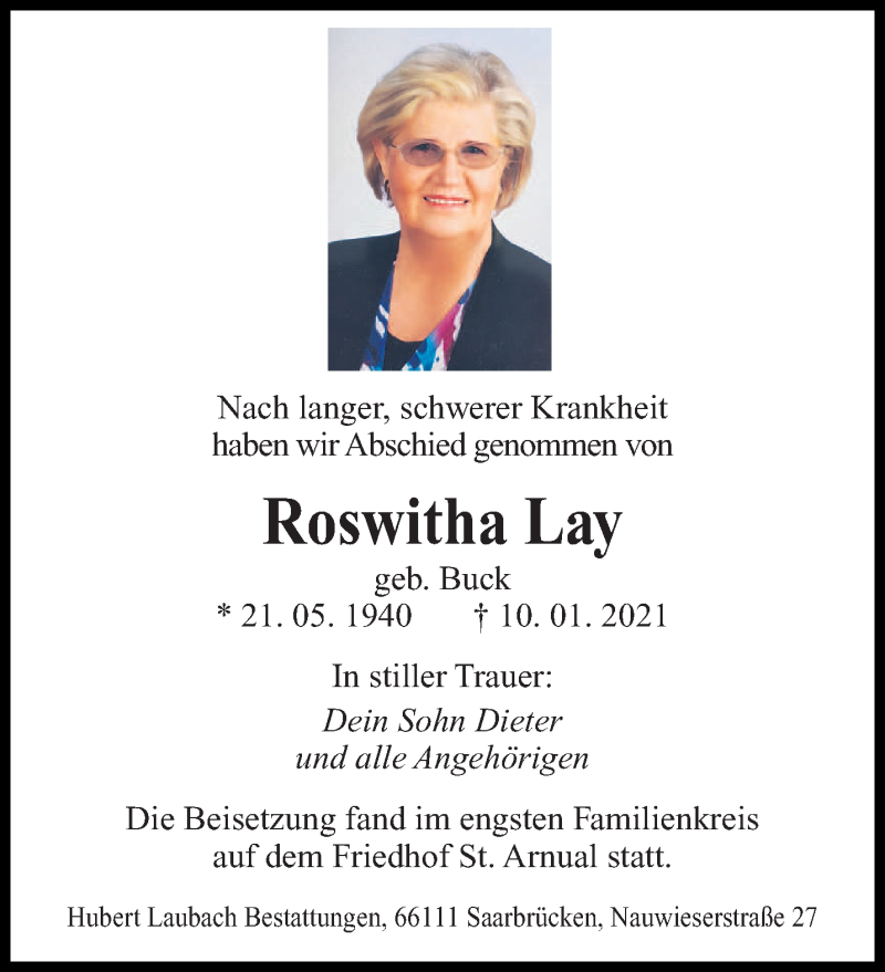  Traueranzeige für Roswitha Lay vom 23.01.2021 aus saarbruecker_zeitung