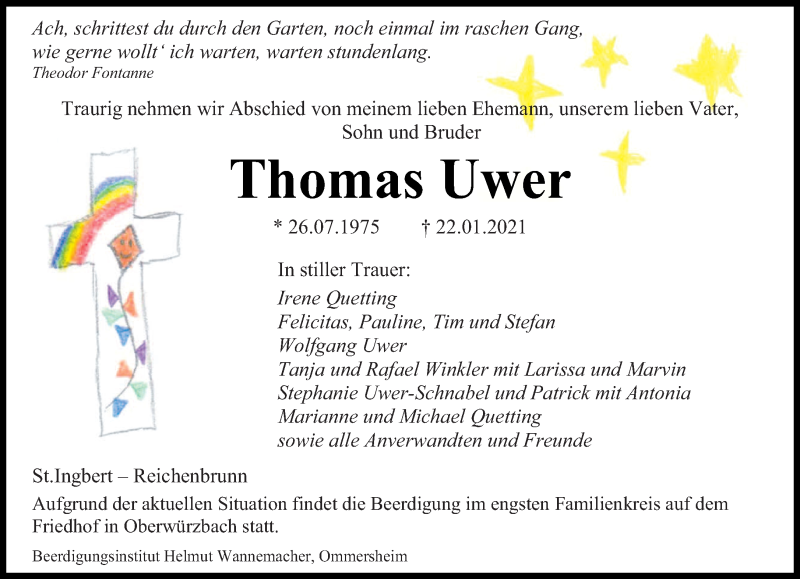  Traueranzeige für Thomas Uwer vom 27.01.2021 aus saarbruecker_zeitung