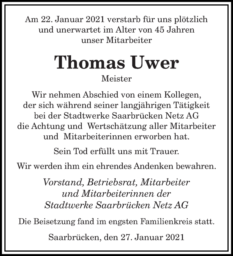  Traueranzeige für Thomas Uwer vom 30.01.2021 aus saarbruecker_zeitung