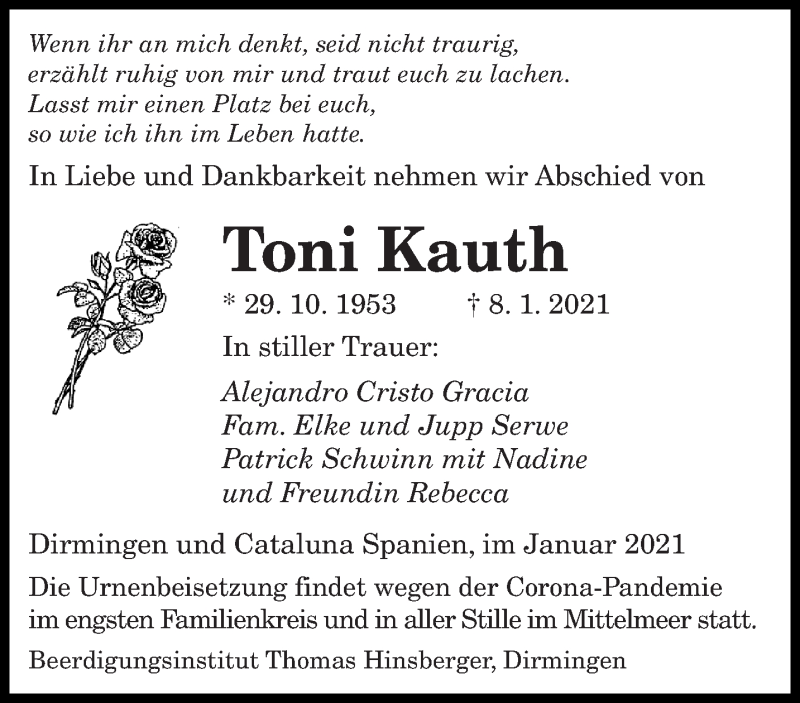  Traueranzeige für Toni Kauth vom 13.01.2021 aus saarbruecker_zeitung