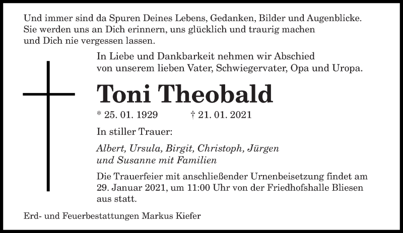  Traueranzeige für Toni Theobald vom 27.01.2021 aus saarbruecker_zeitung