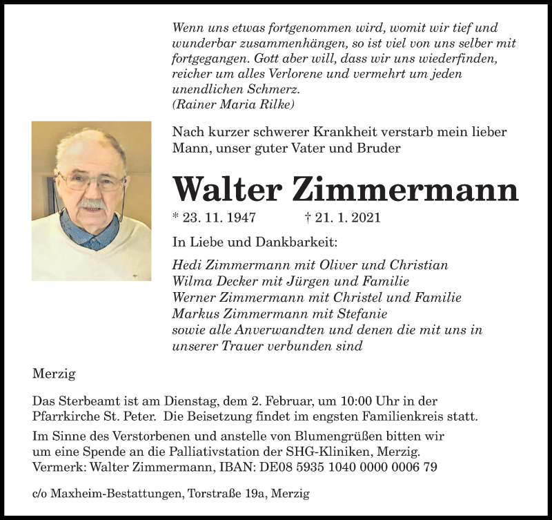  Traueranzeige für Walter Zimmermann vom 28.01.2021 aus saarbruecker_zeitung