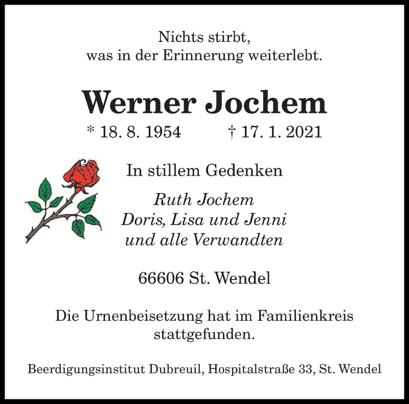  Traueranzeige für Werner Jochem vom 30.01.2021 aus saarbruecker_zeitung