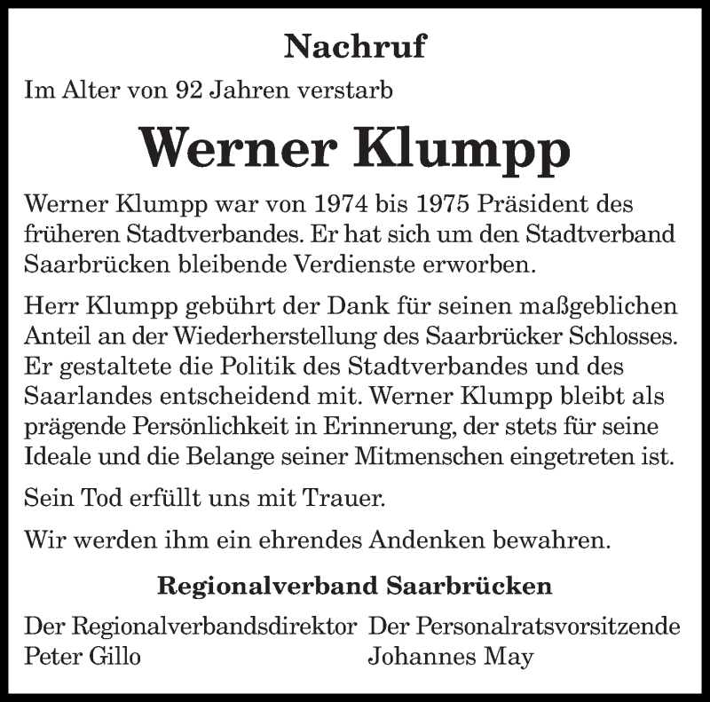  Traueranzeige für Werner Klumpp vom 16.01.2021 aus saarbruecker_zeitung